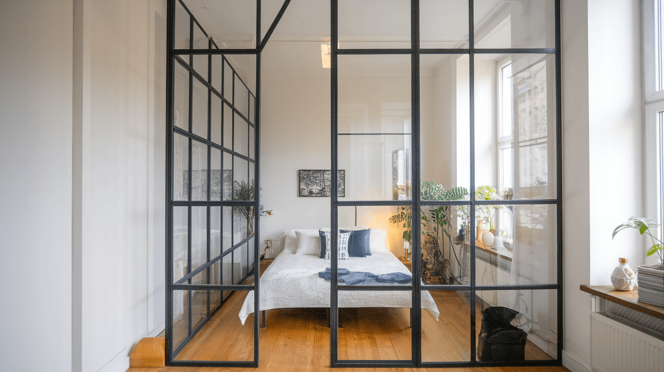industrial bedroom enclosed by black metal and glass partitions with large windows