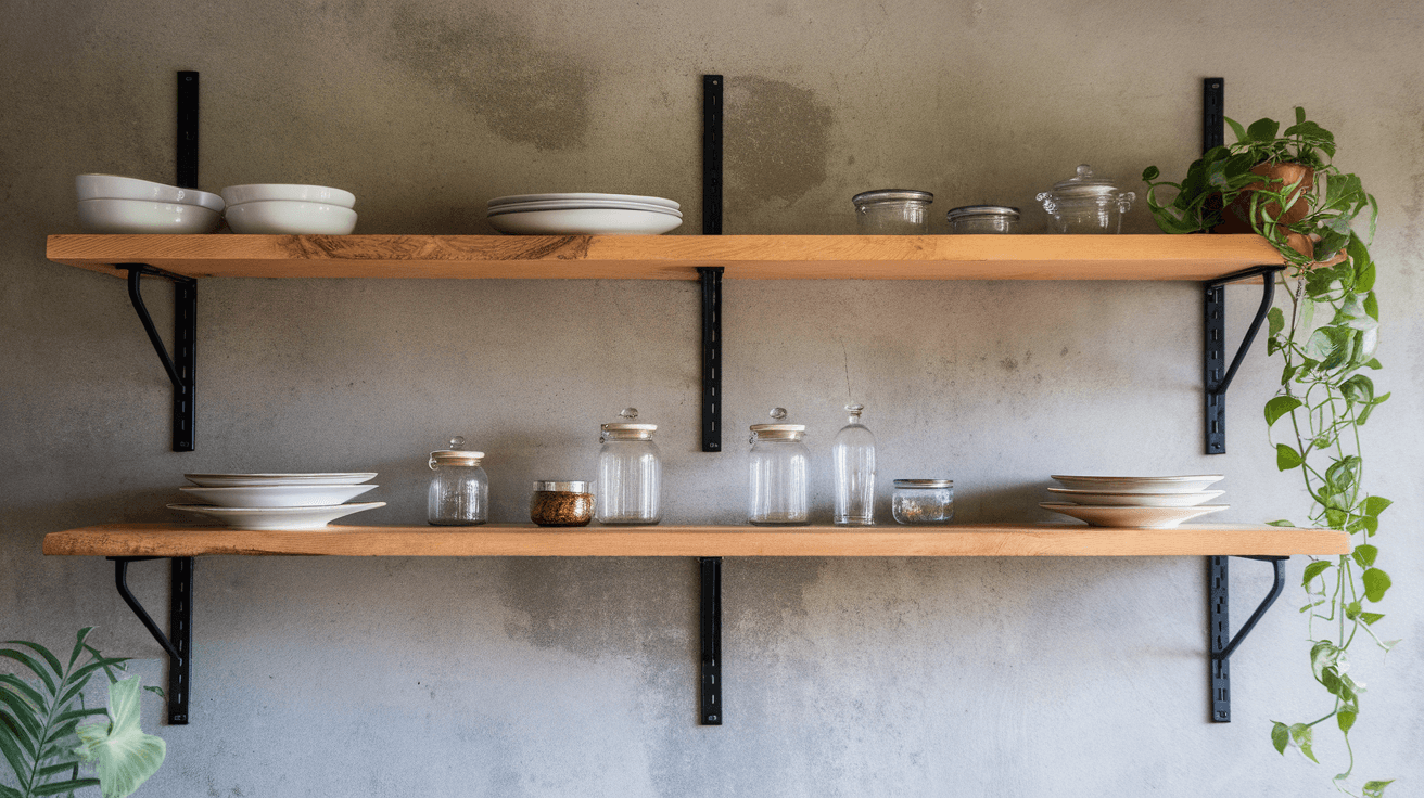 industrial open shelves with wooden boards, black brackets, dishes, jars, and plants