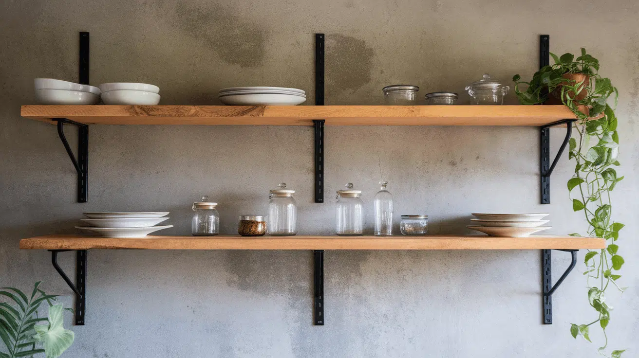 industrial open shelves with wooden boards, black brackets, dishes, jars, and plants
