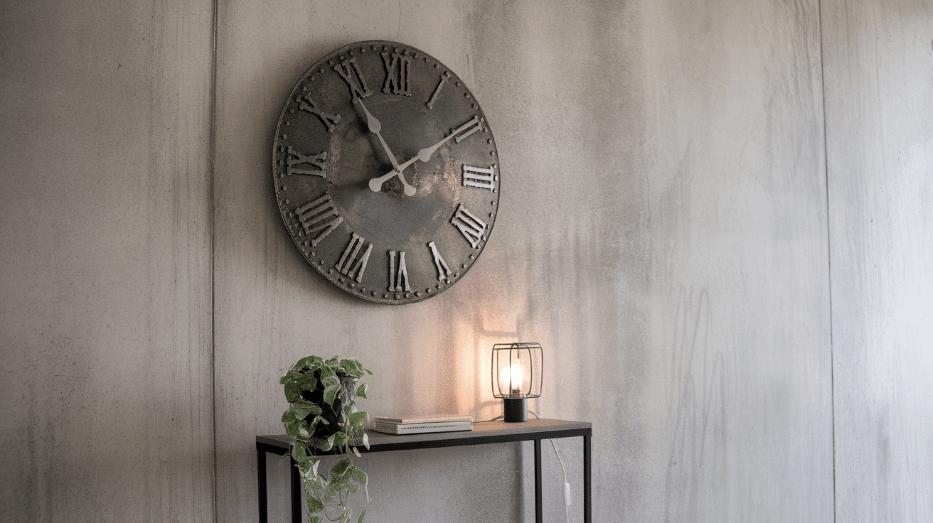 industrial wall with metal clock, slim console table, plant, and warm lamp