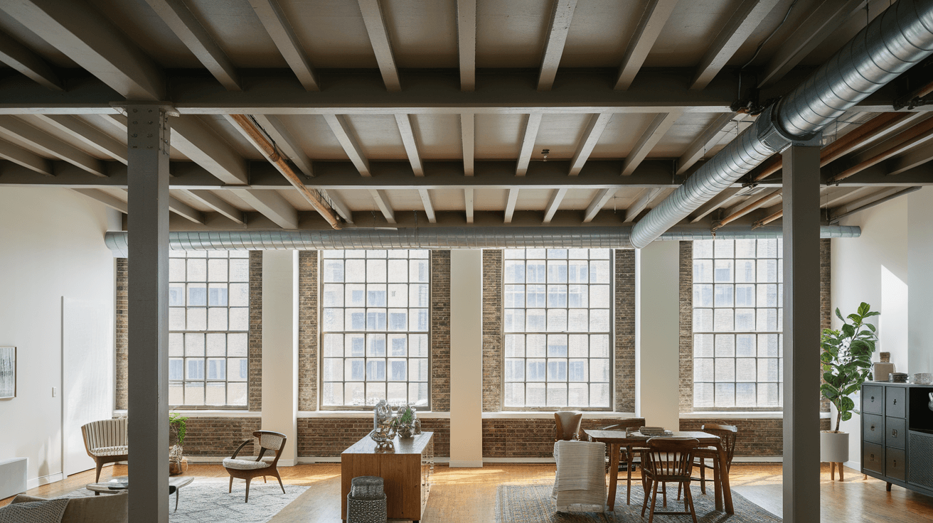 spacious industrial loft with exposed beams, ducts, large windows, and wooden furniture
