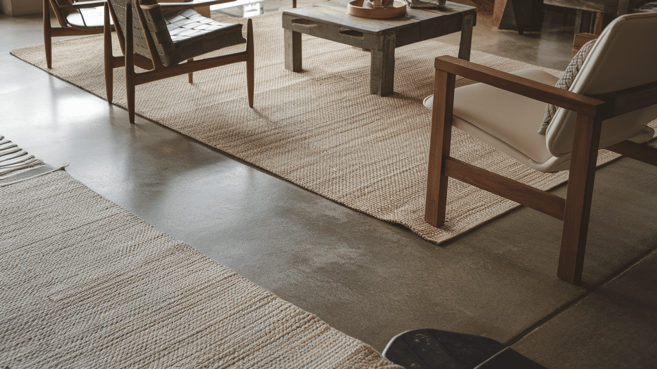 industrial living area with natural rugs, wooden chairs, and a rustic coffee table