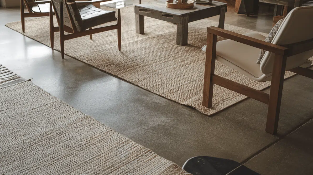 industrial living area with natural rugs, wooden chairs, and a rustic coffee table