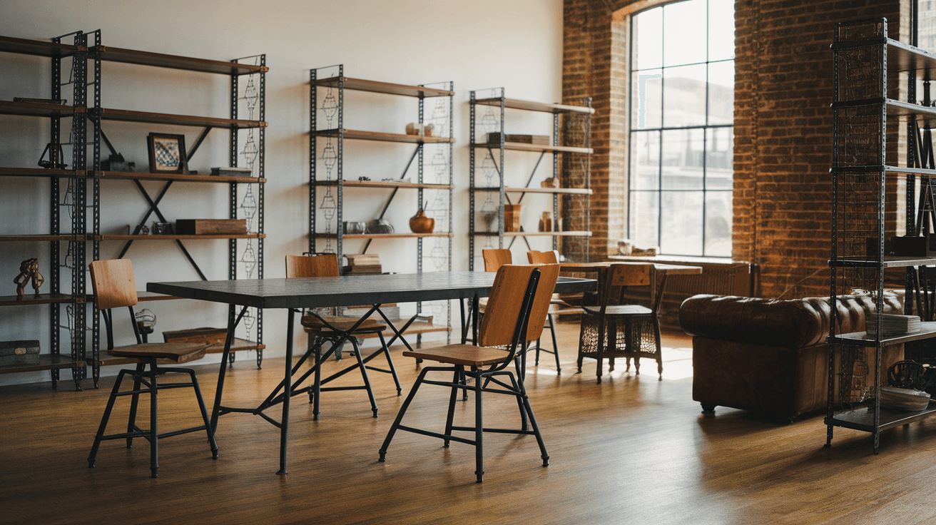 industrial dining space with metal shelving, wooden chairs, brick walls, and large window
