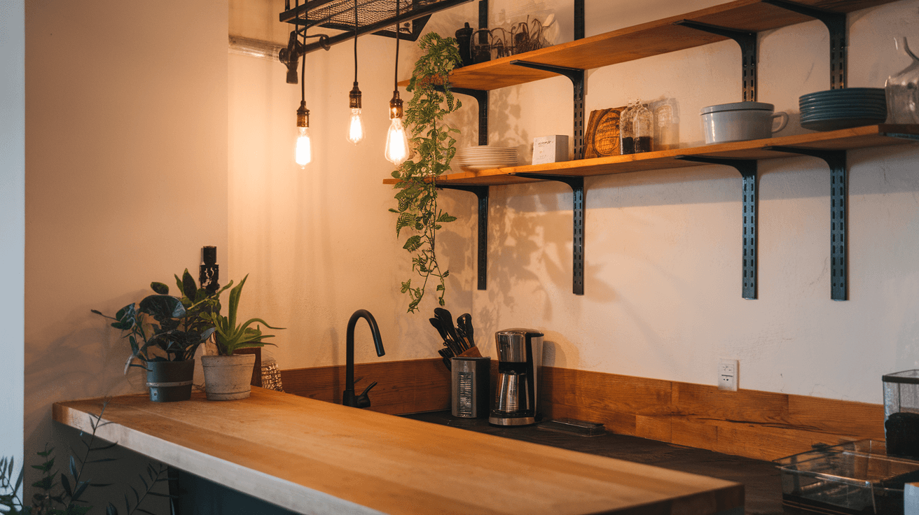 industrial kitchen with wood countertops, open shelves, black fixtures, and hanging bulbs