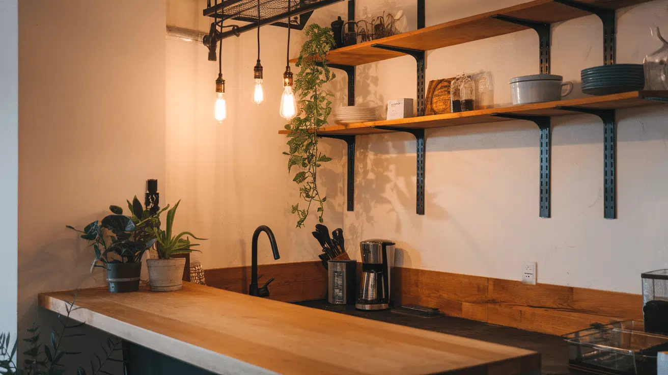 industrial kitchen with wood countertops, open shelves, black fixtures, and hanging bulbs