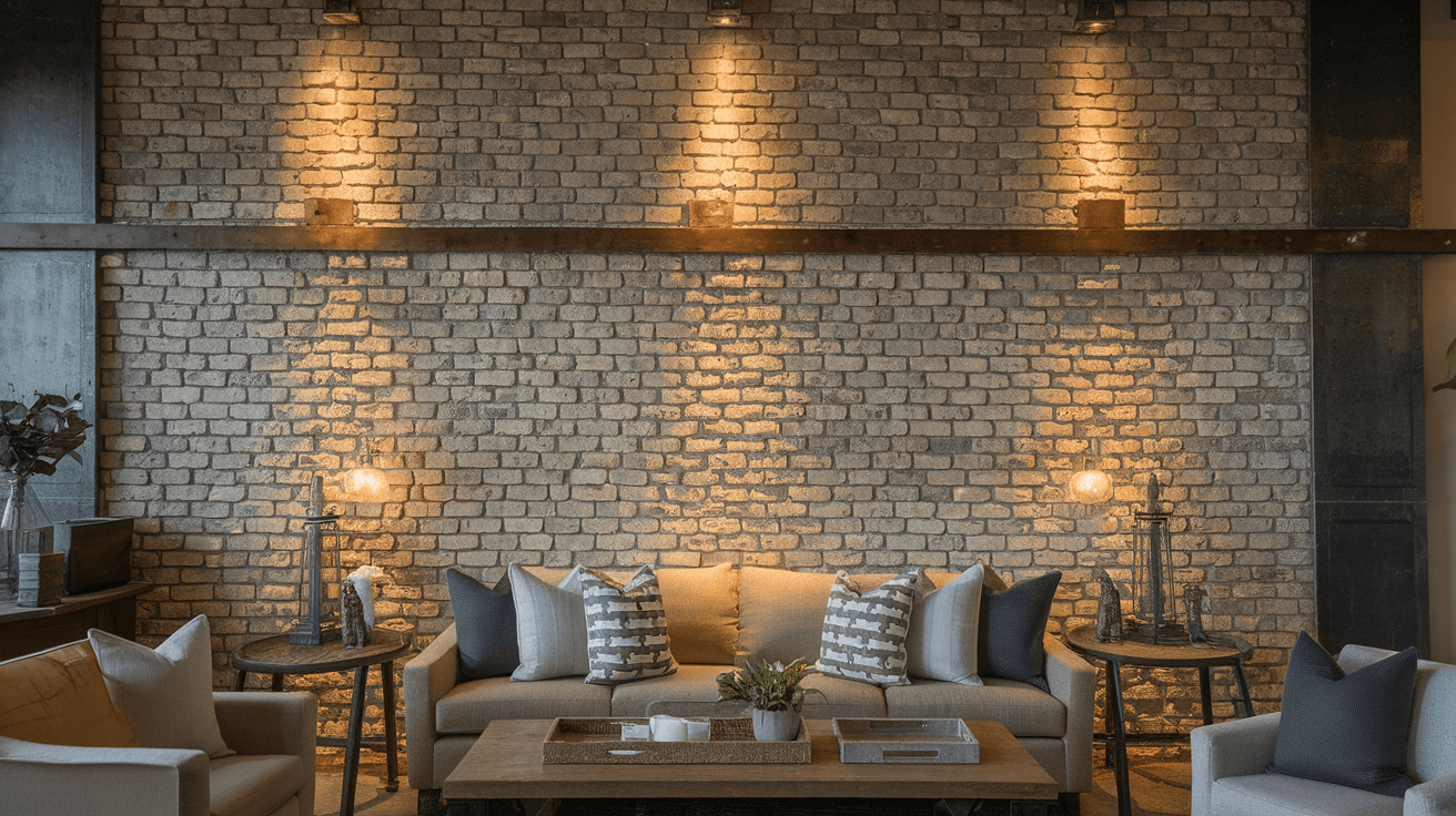 industrial living room with exposed brick, warm lighting, neutral sofas, and wood table
