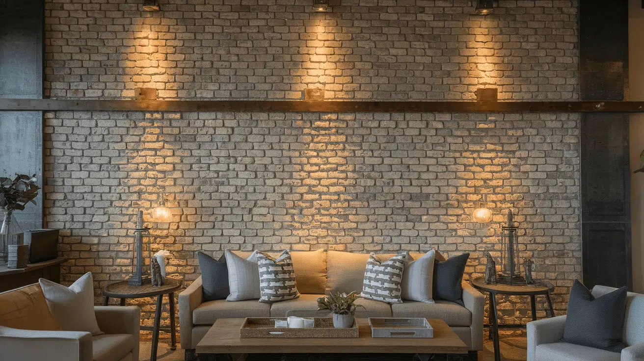 industrial living room with exposed brick, warm lighting, neutral sofas, and wood table