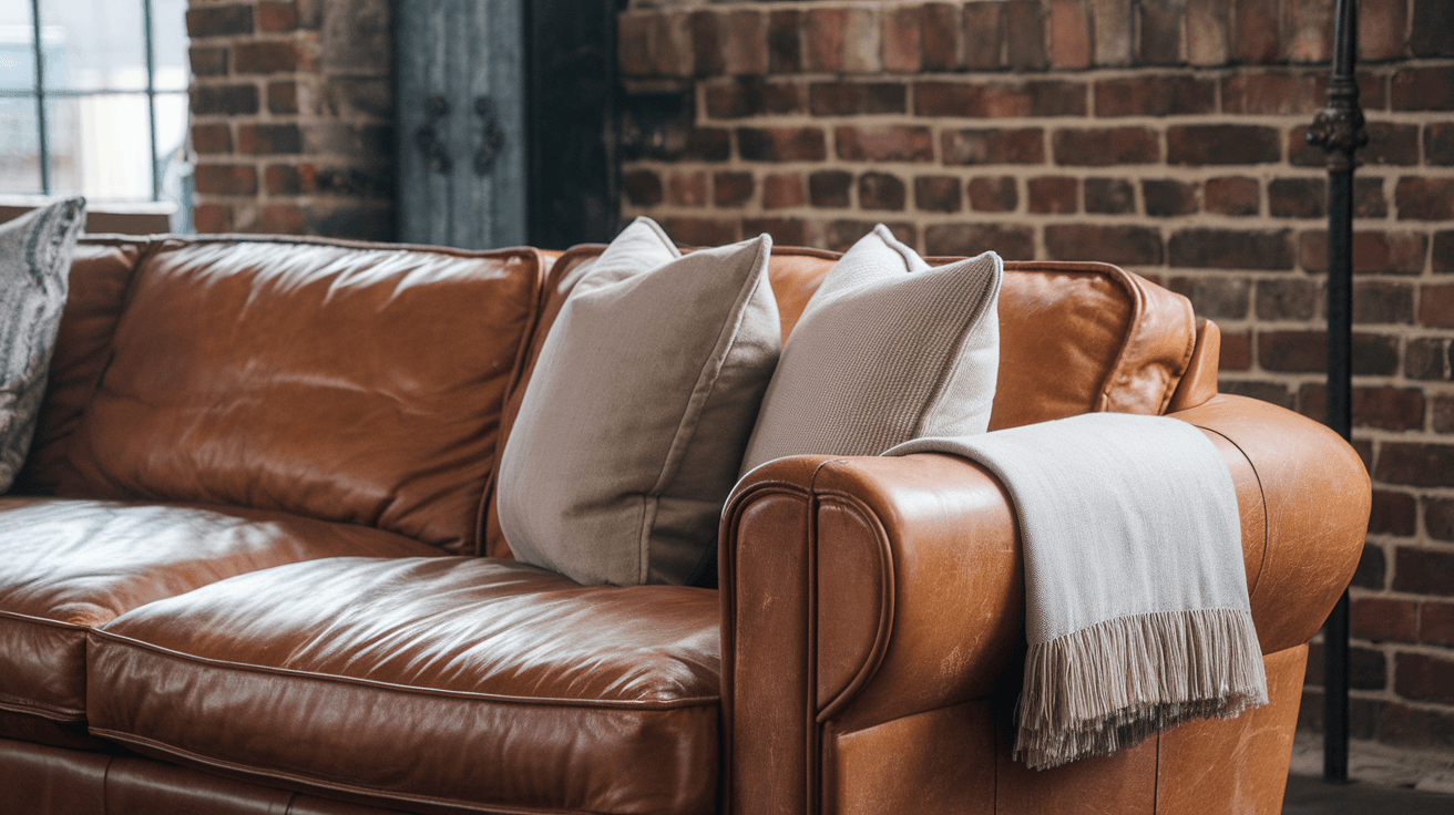 brown leather sofa with neutral cushions and throw against an exposed brick wall