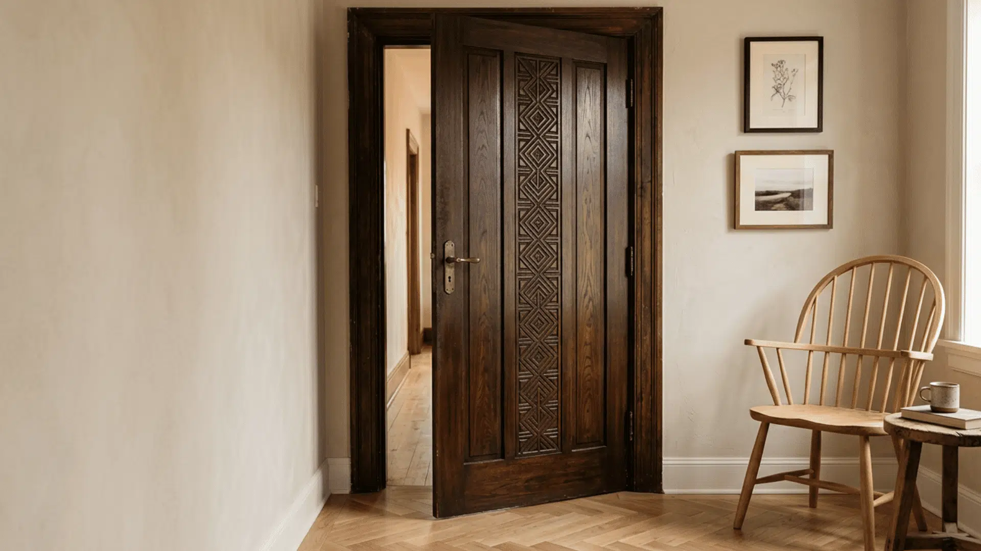 A dark brown wooden door with a carved geometric pattern on the right side is shown