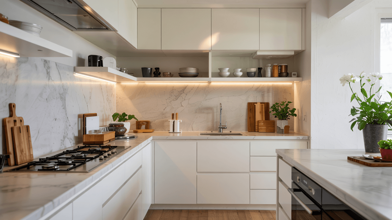 modern white kitchen with warm integrated lighting beneath cabinets and open shelves