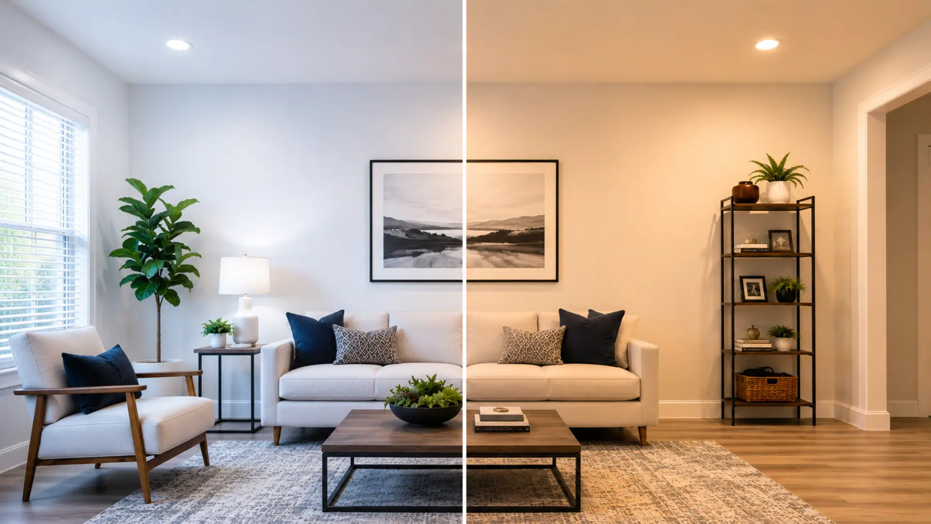 Interior space showing bright white and daylight bulb contrast
