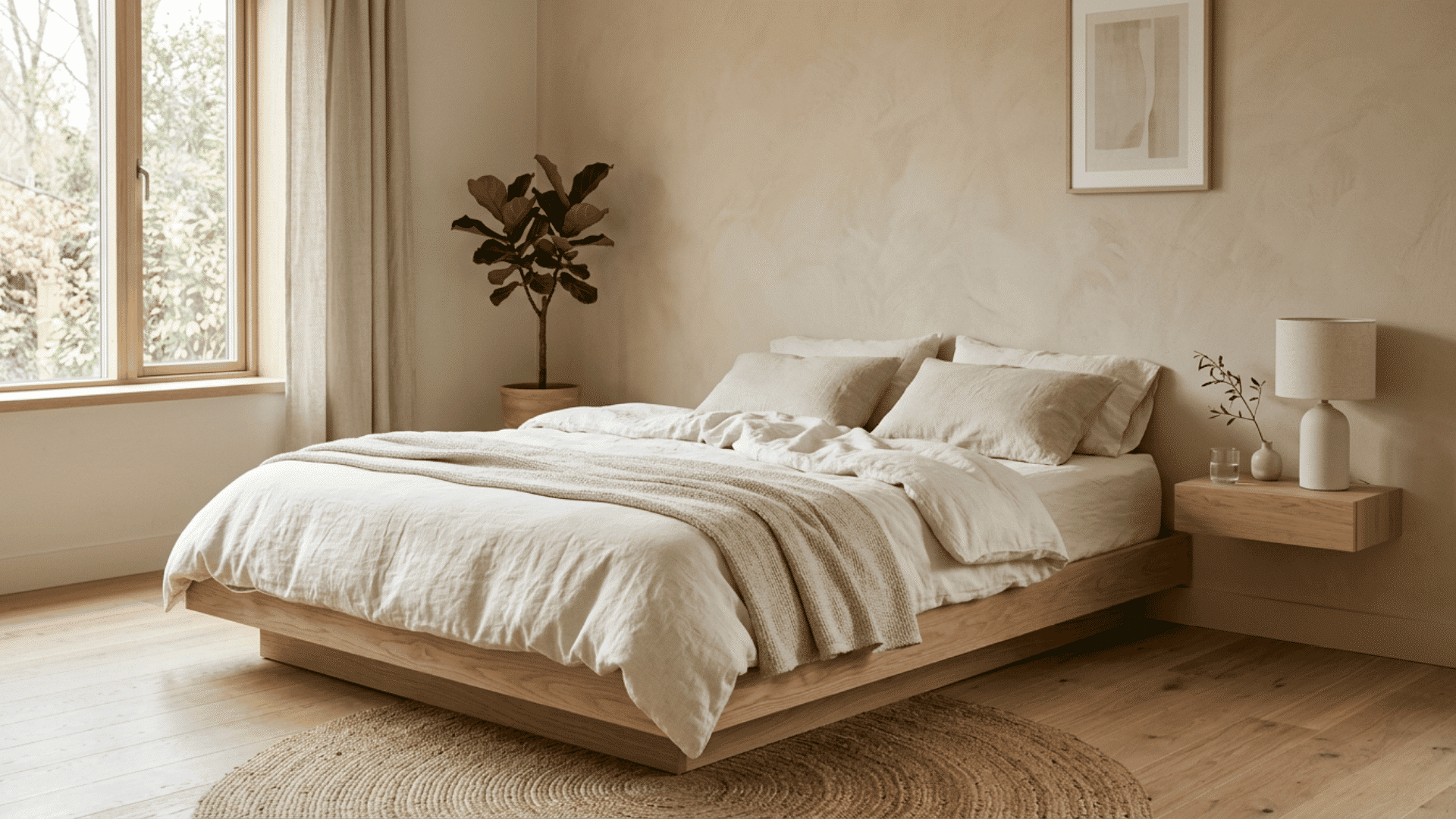 japandi bedroom with a low wooden bed, neutral linens, plants, and soft sunlight