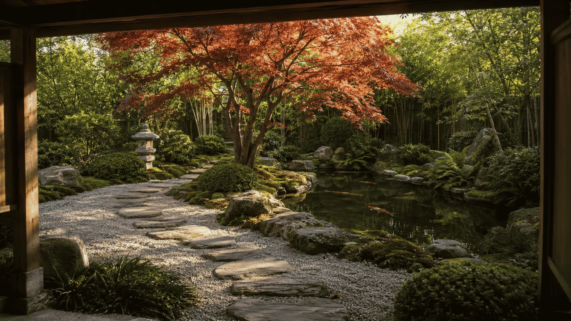 red japanese maple overlooks a koi pond and curved stone path in a shaded garden