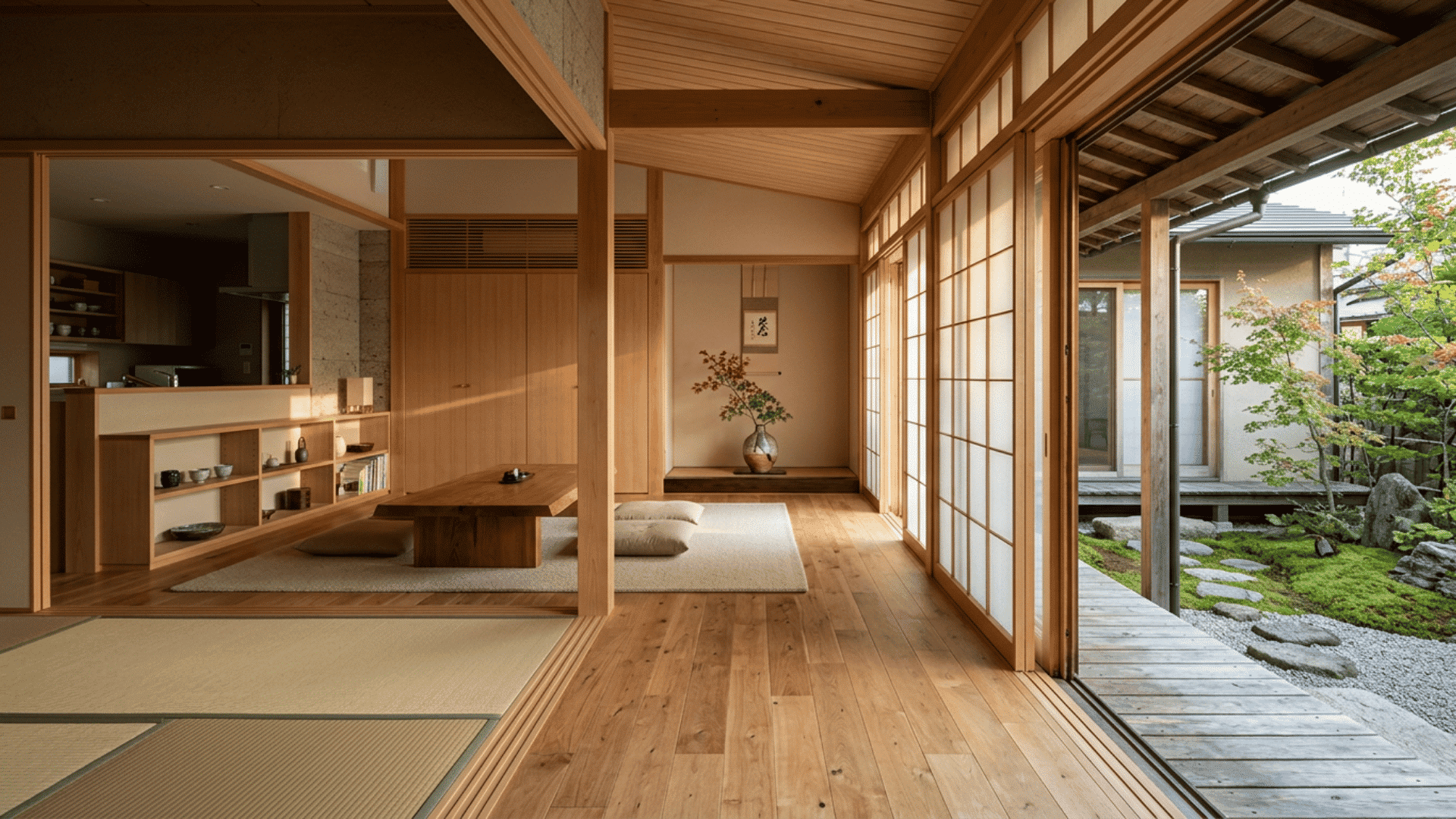 japanese house interior with tatami mats, low table, shoji doors and garden view