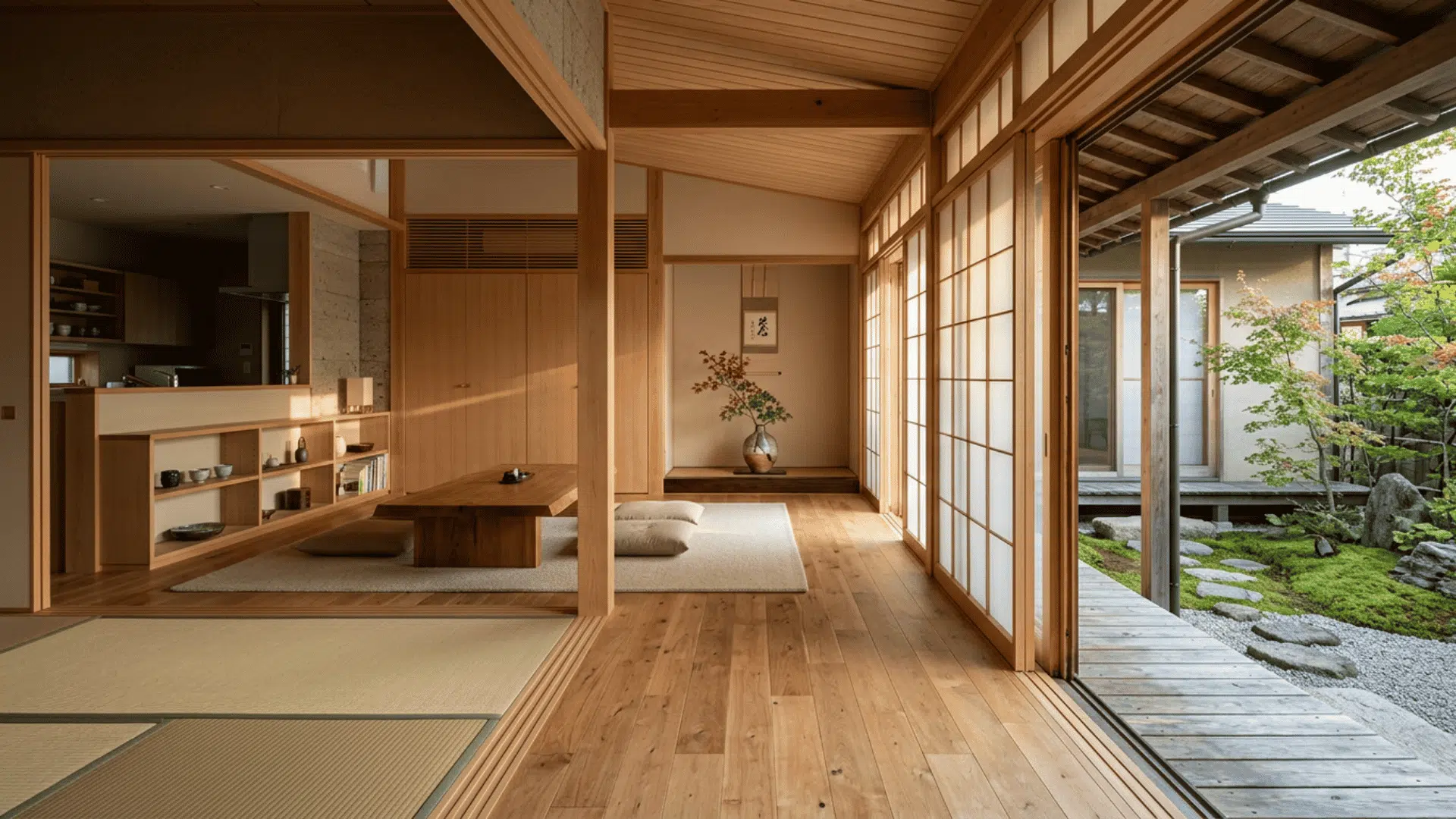 japanese house interior with tatami mats, low table, shoji doors and garden view