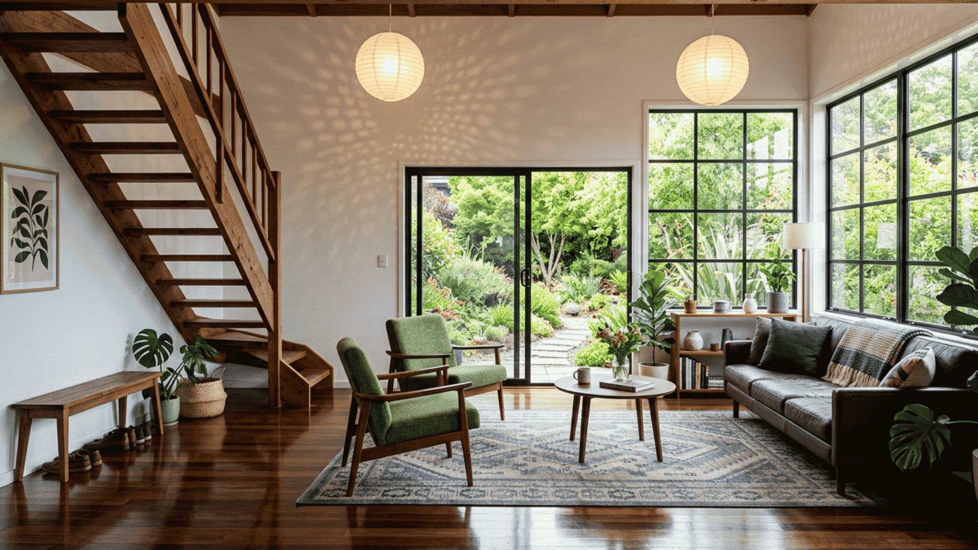 Modern Japanese-inspired living room with plants and wooden details