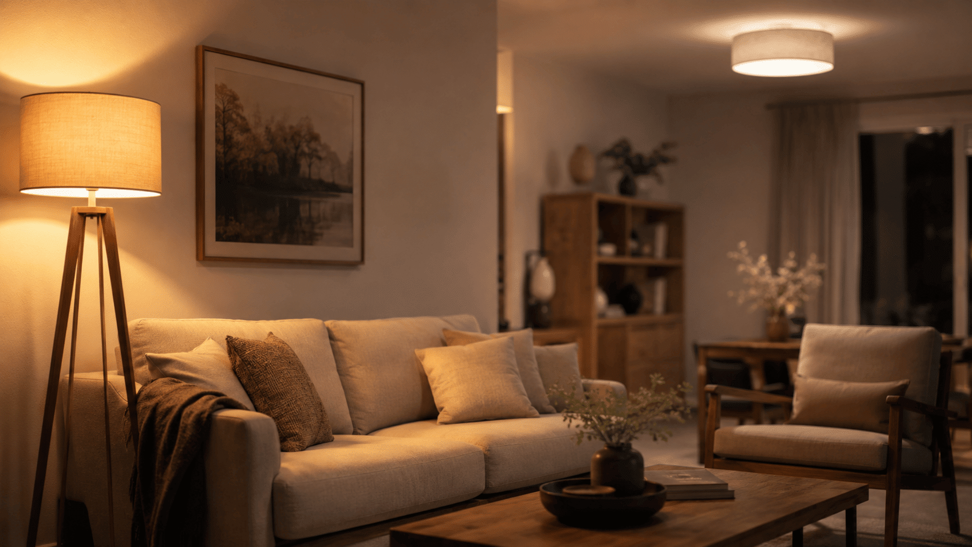 Living room showing warm and neutral lighting tone contrast