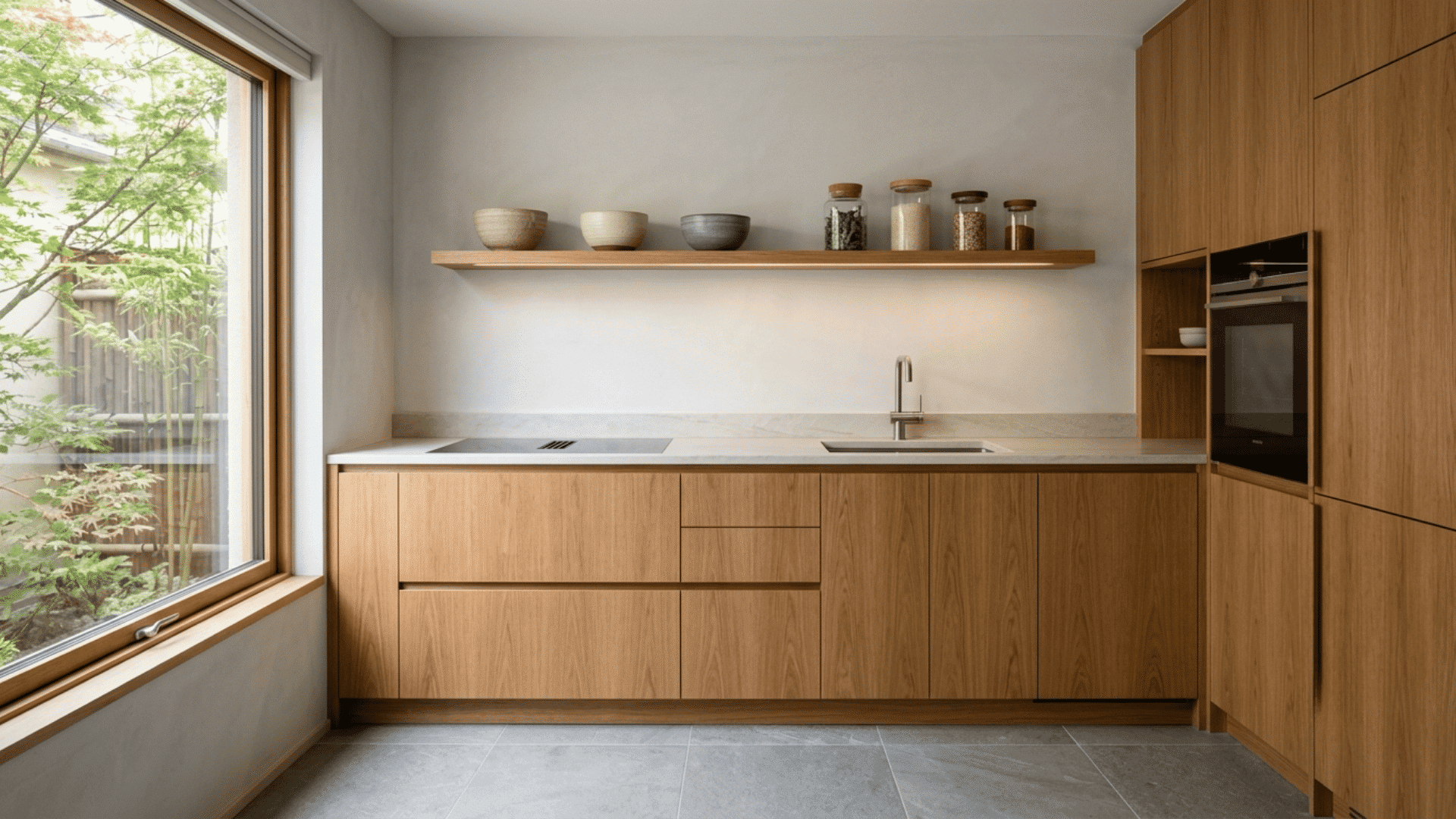 modern Japanese kitchen with wooden cabinets, open shelf, and garden window