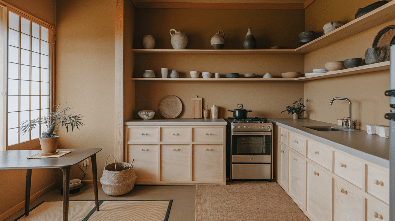 japanese-style kitchen with wood cabinets, open shelves, and minimal clutter in warm natural tones.