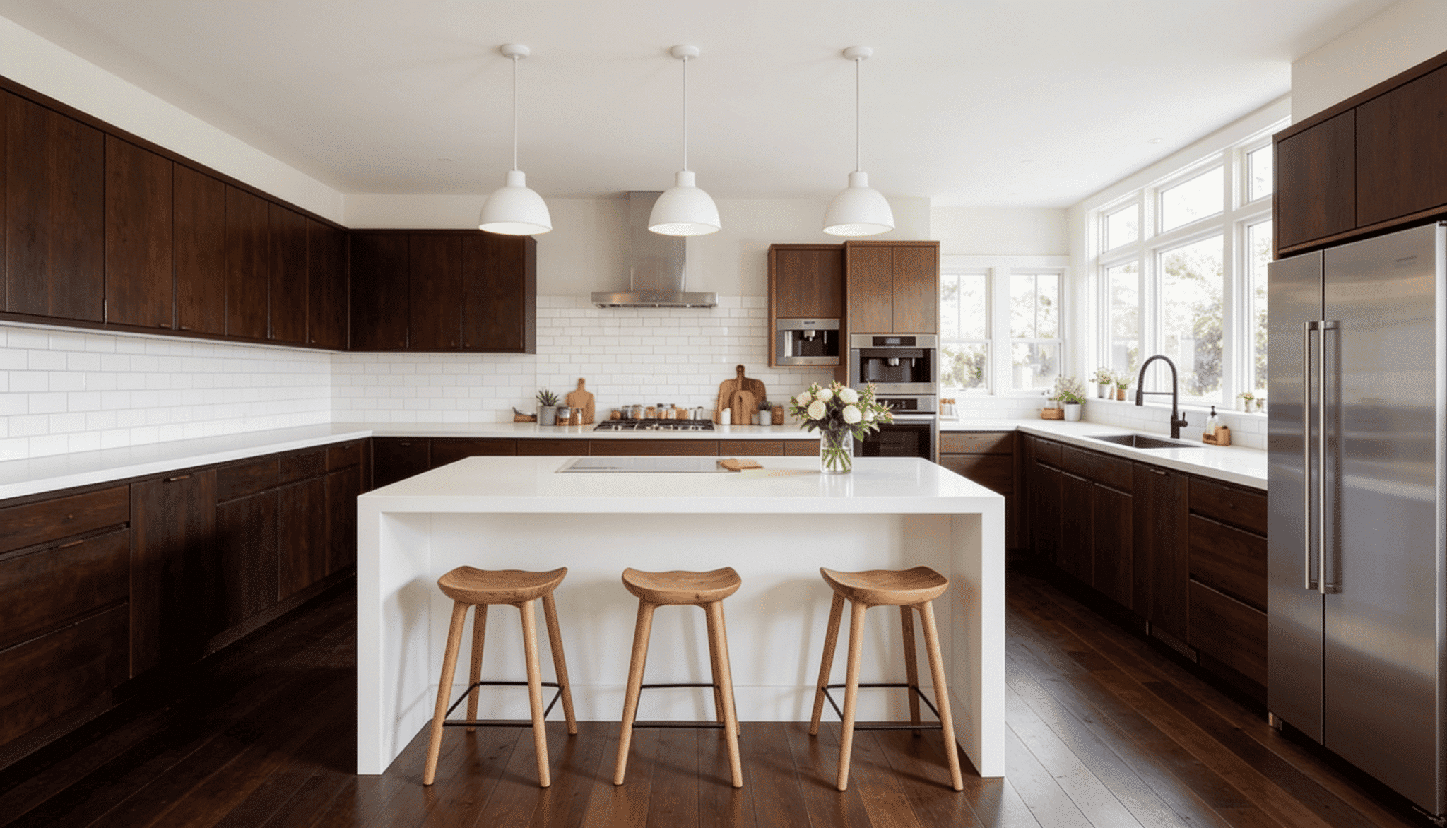 Modern kitchen layout with large island, dark cabinets, and organized cooking workspace