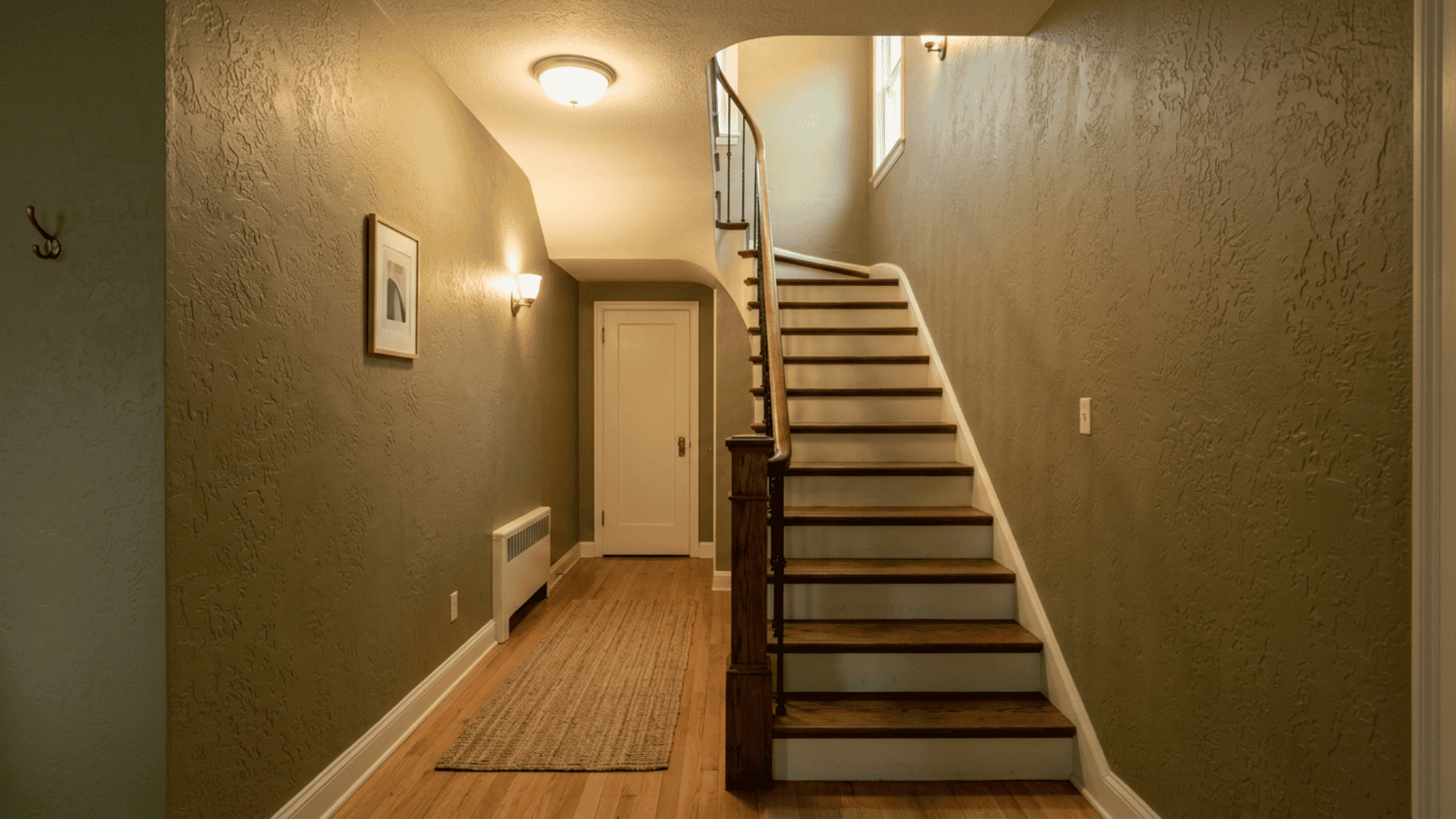 Hallway wall with irregular finish