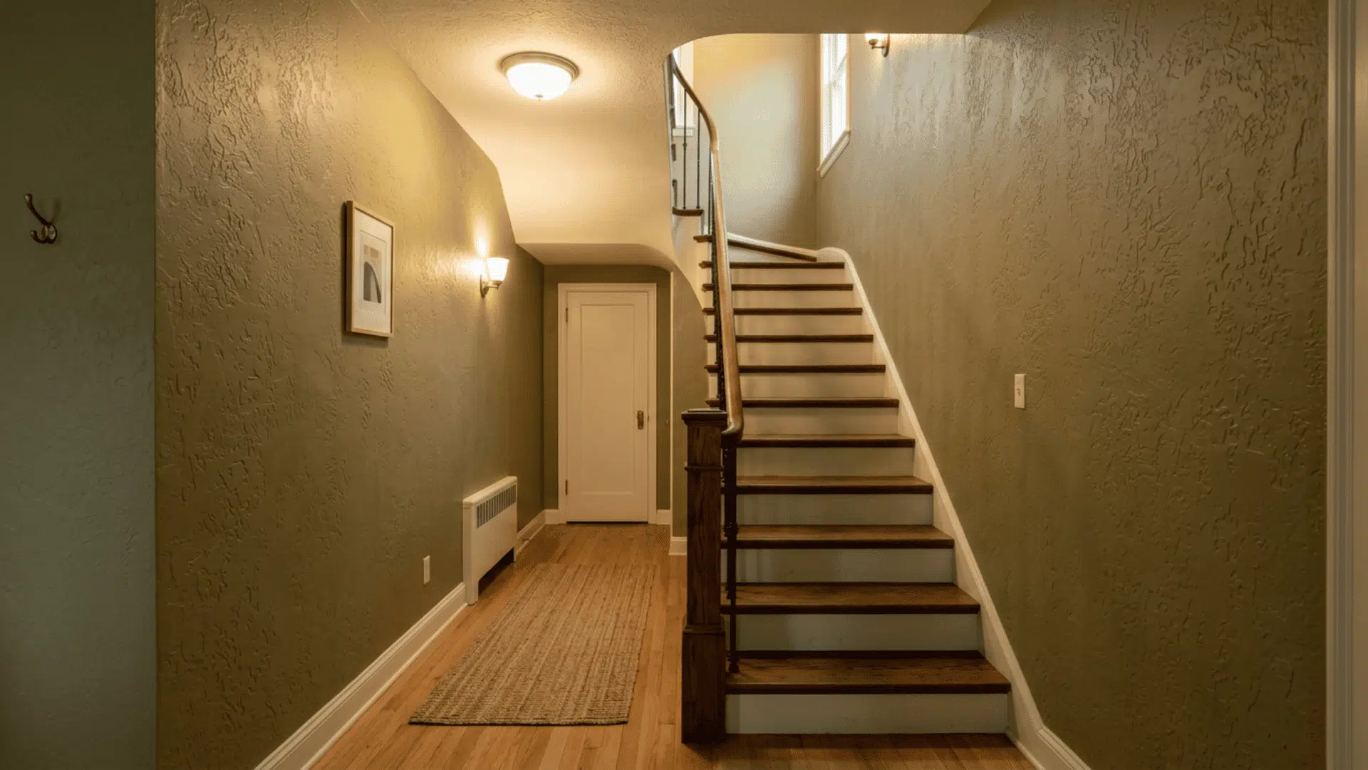Hallway wall with irregular finish