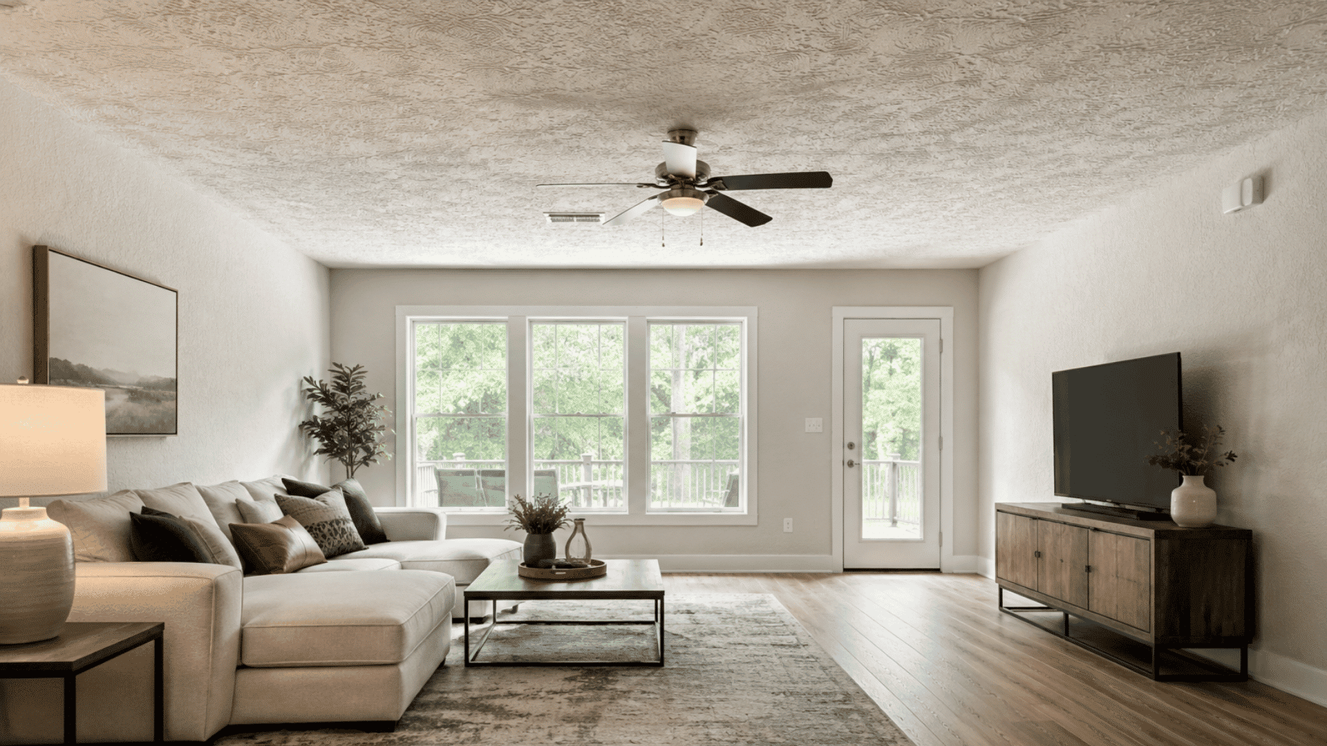 Entire living room with knockdown texture on the walls and ceiling.