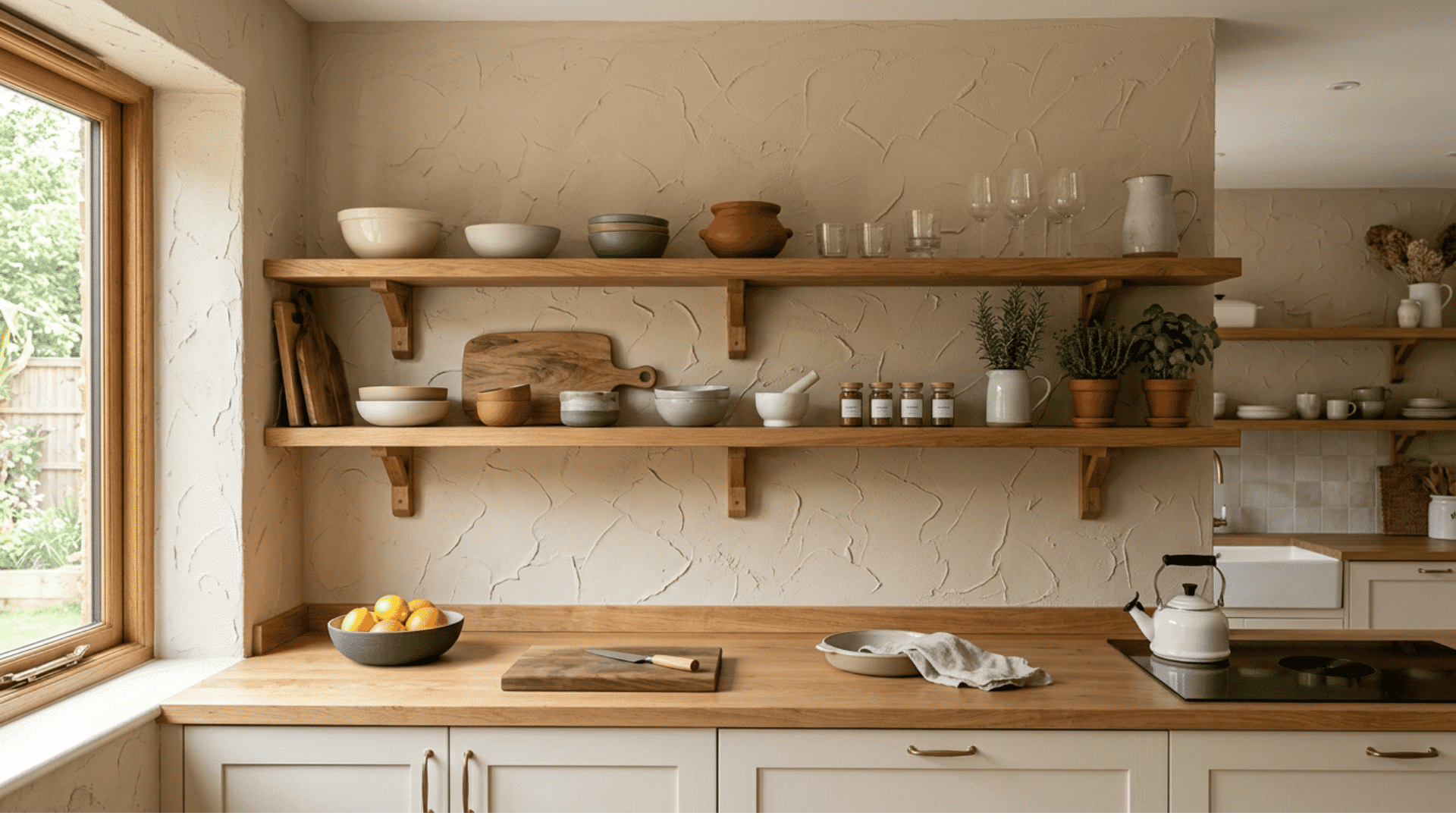 Kitchen wall with flattened knockdown texture finish