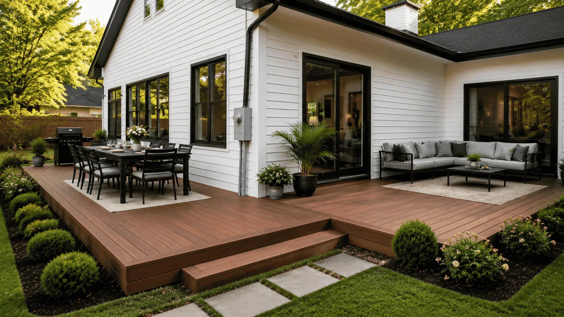 L-shaped wraparound deck with dining and lounge areas around a home corner.
