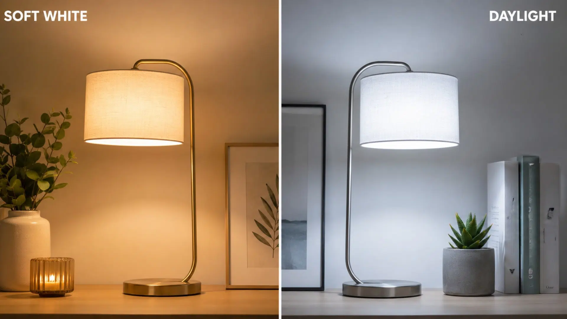 Two designer lamps comparing soft white and daylight light