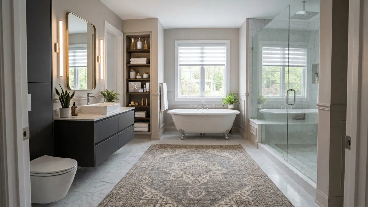 large patterned rug in a bright bathroom with a tub, vanity, and glass shower