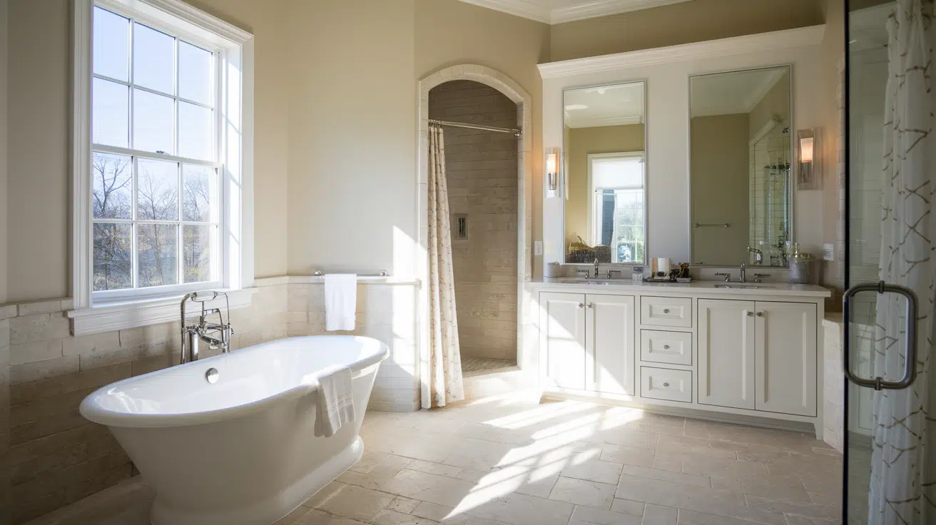 sunlit bathroom with a large window beside a freestanding tub, vanity, and glass shower