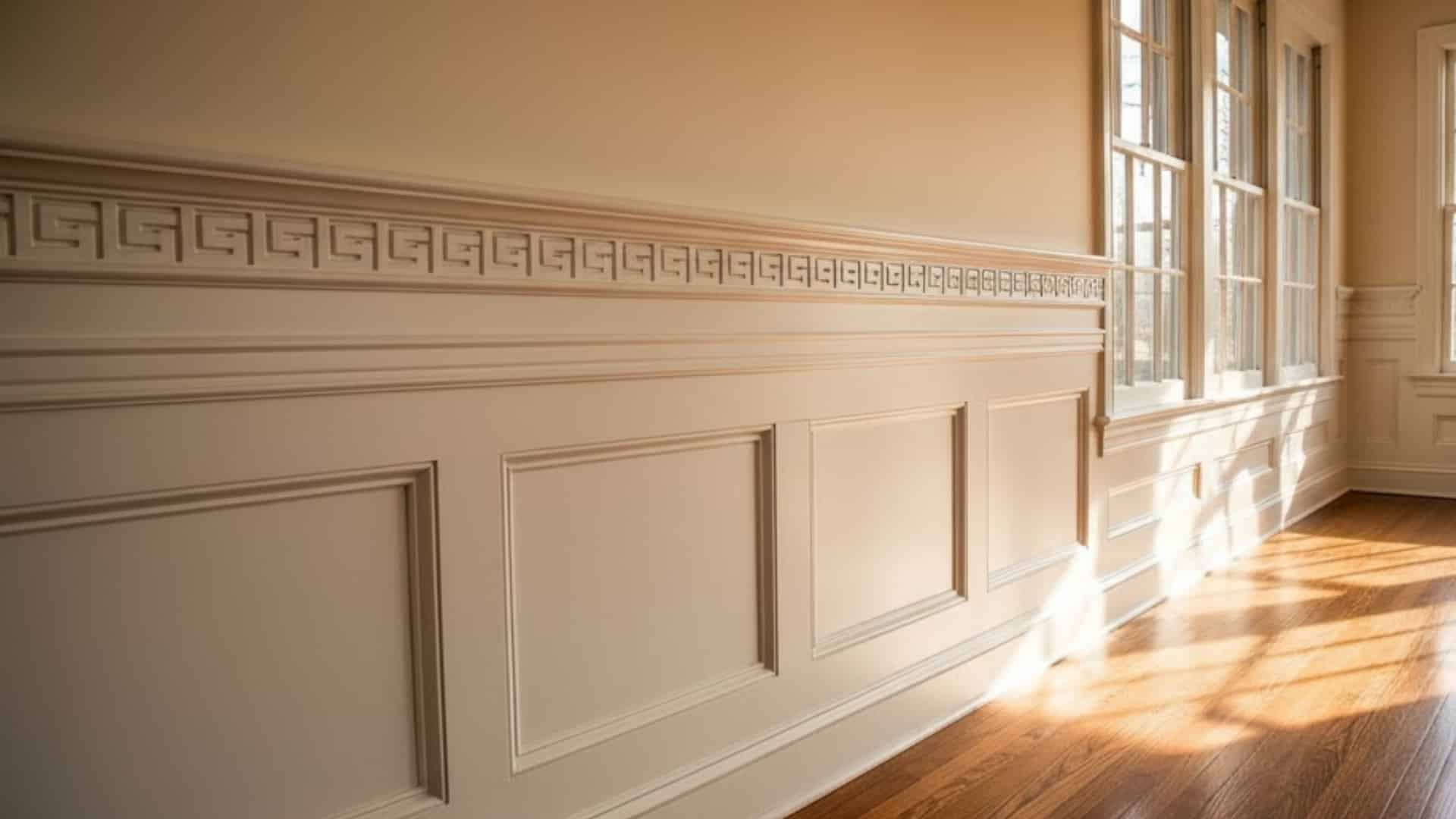 traditional hallway with layered chair rail and dentil molding above white wall panels