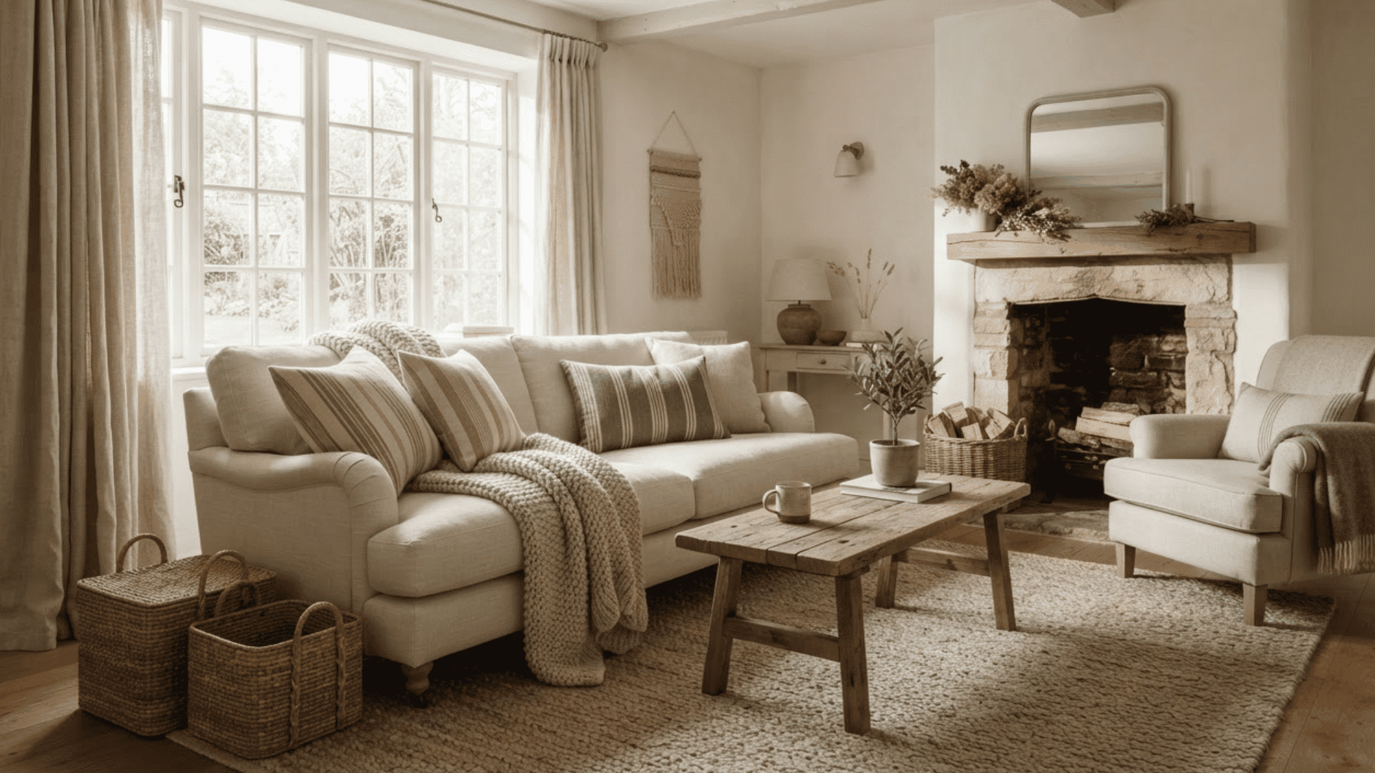 farmhouse room layered with linen sofa, wool throw, jute rug, woven baskets, and soft curtains.
