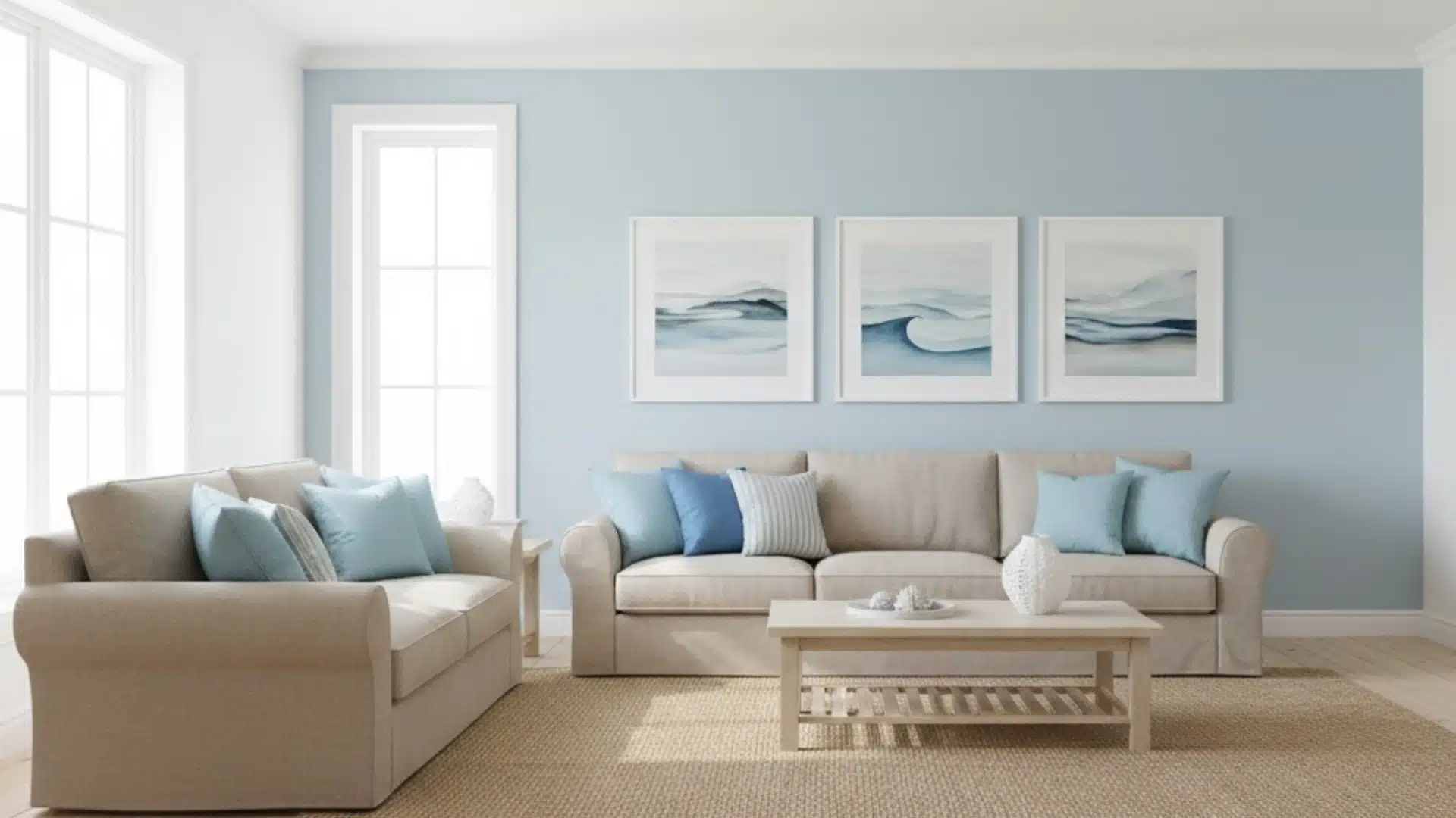 oastal living room with light blue walls, pale sofas, and framed beach art