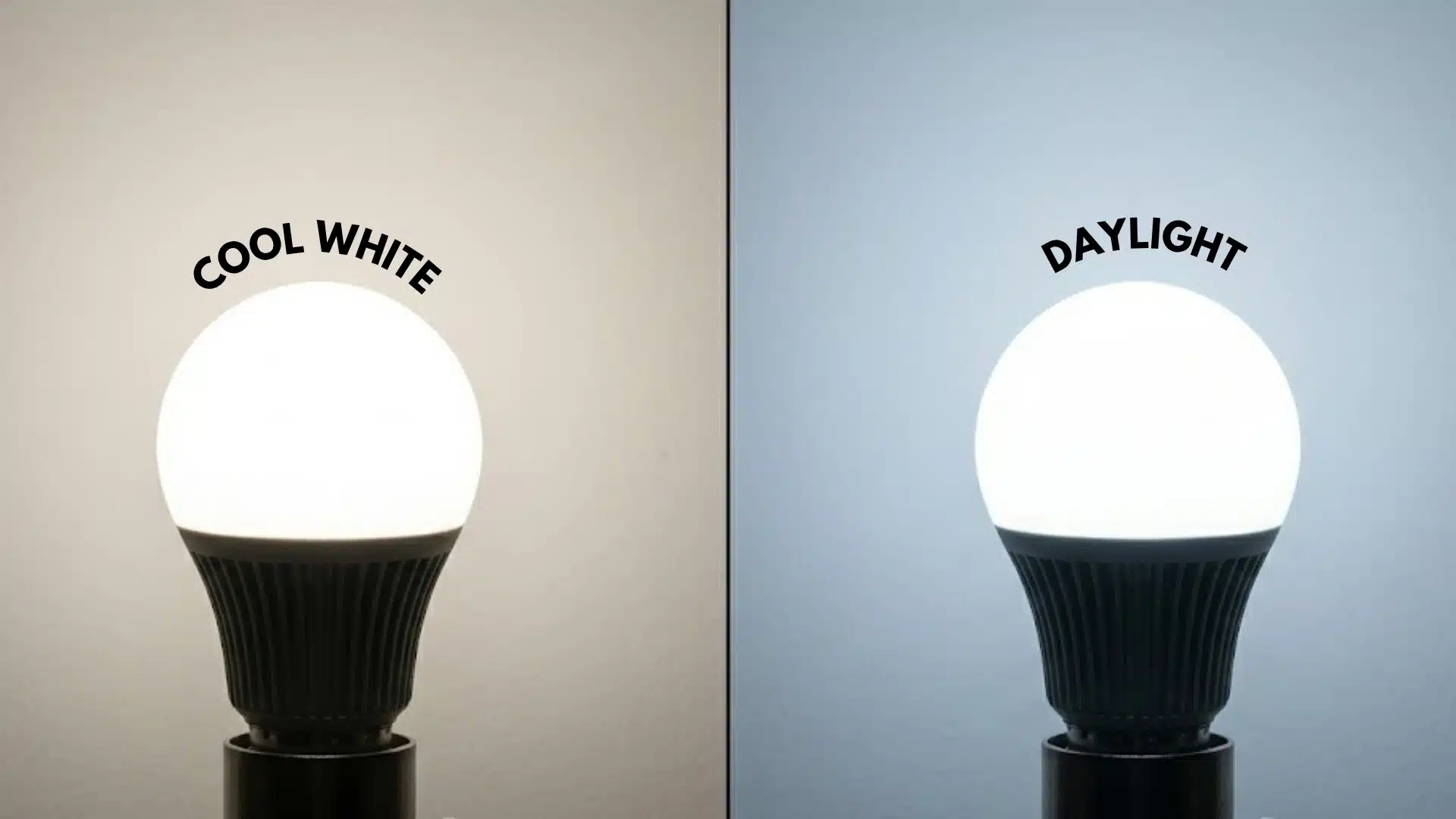 Light bulb comparison showing cool white and daylight glow differences on wall background
