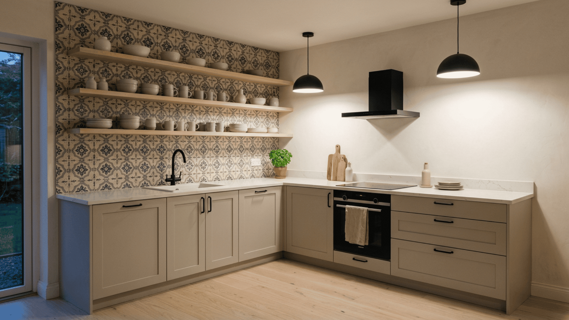 Light gray cabinets with patterned tiles and open shelves in an L-shaped kitchen.