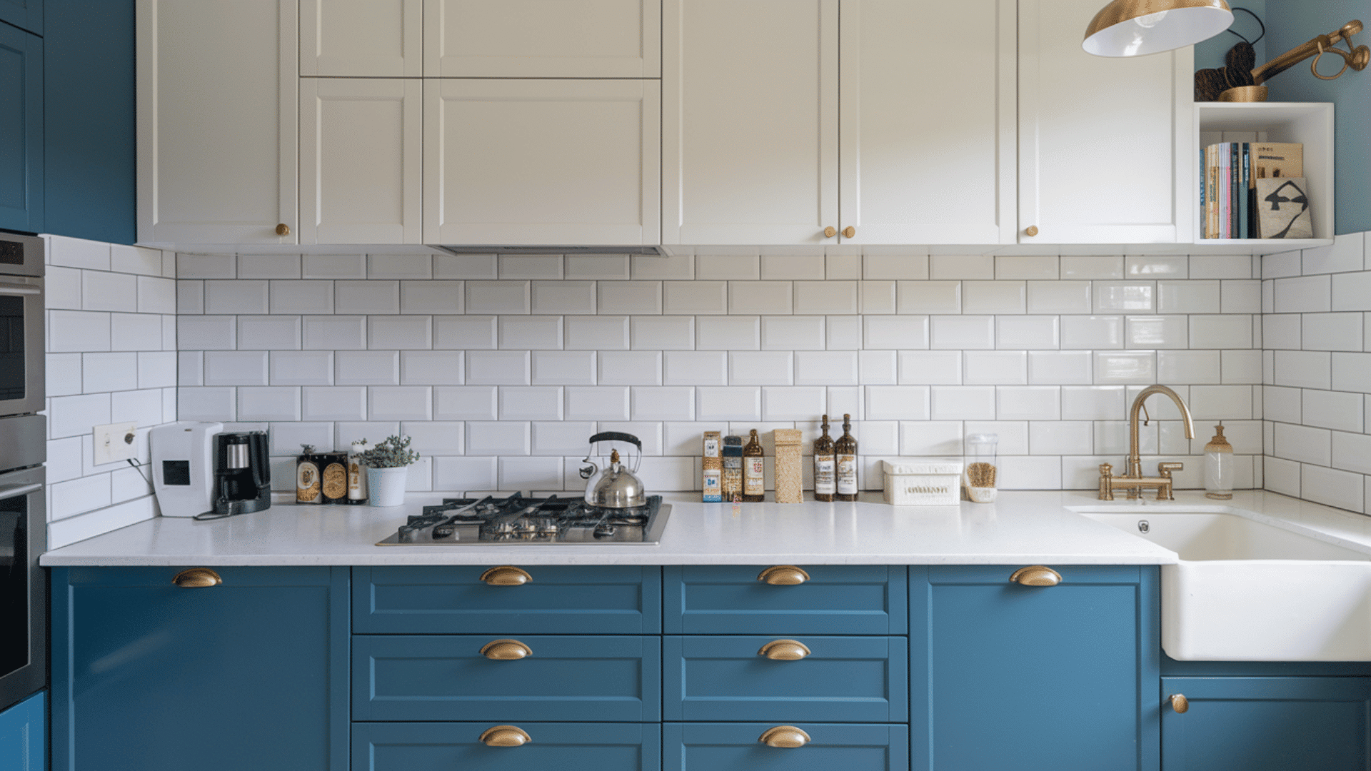 arrow kitchen with white upper cabinets, navy lowers, brass fittings, and a large window