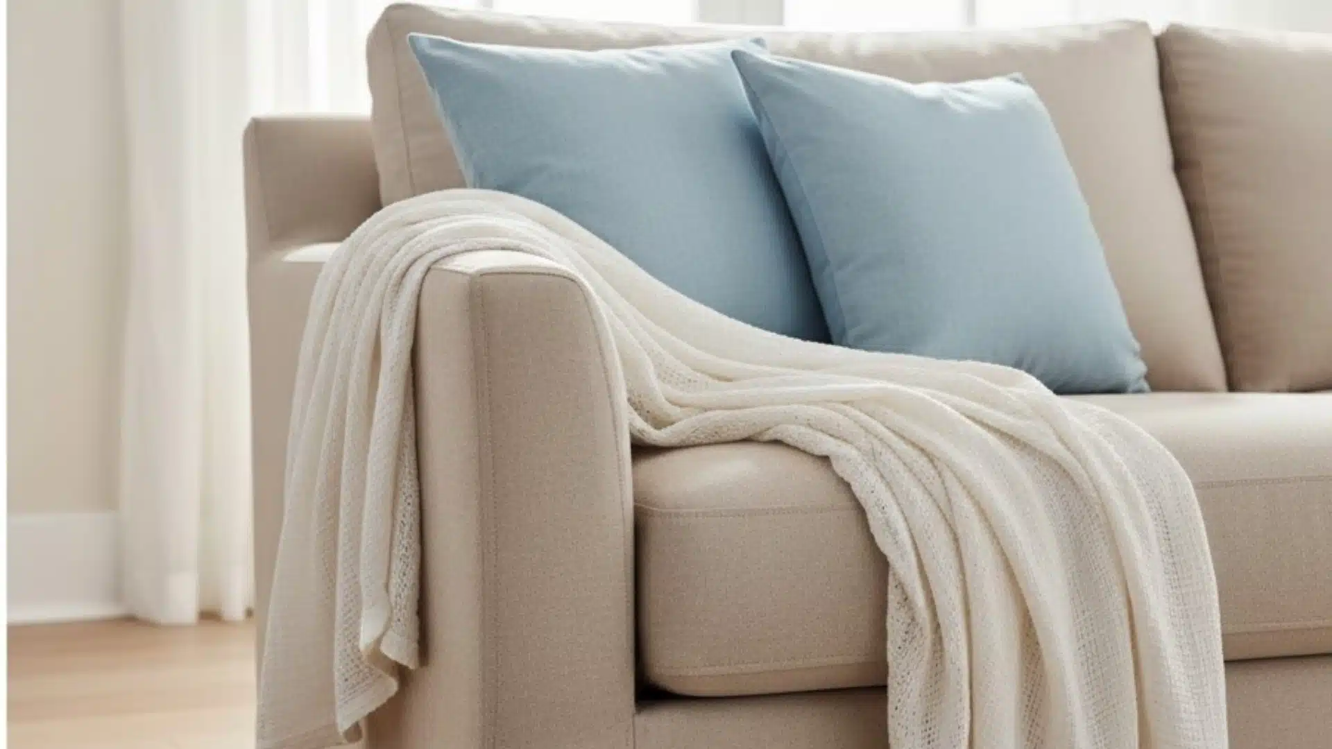 lightweight cream cotton throw draped over a sofa with pale blue cushions