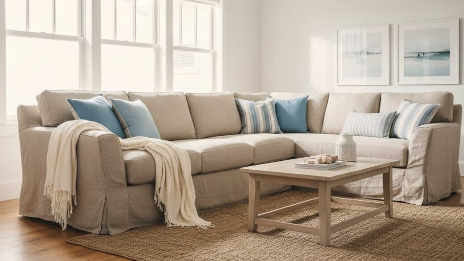 linen slipcovered sofas with blue cushions in a bright coastal living room
