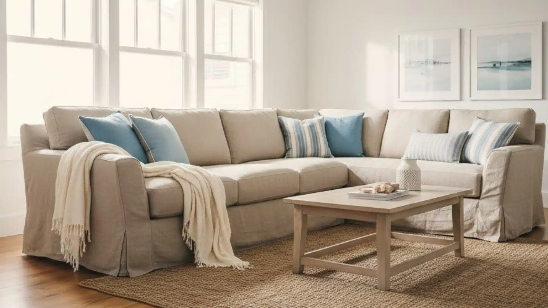 linen slipcovered sofas with blue cushions in a bright coastal living room