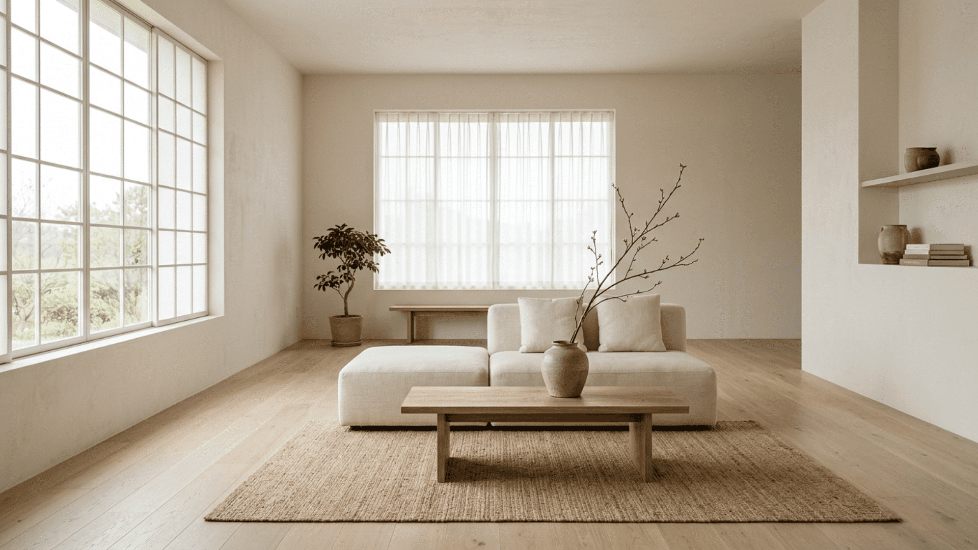 minimalist living room with a cream sofa, wooden table, rug, and large windows