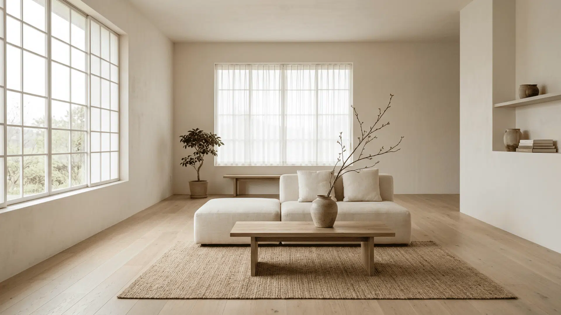 minimalist living room with a cream sofa, wooden table, rug, and large windows