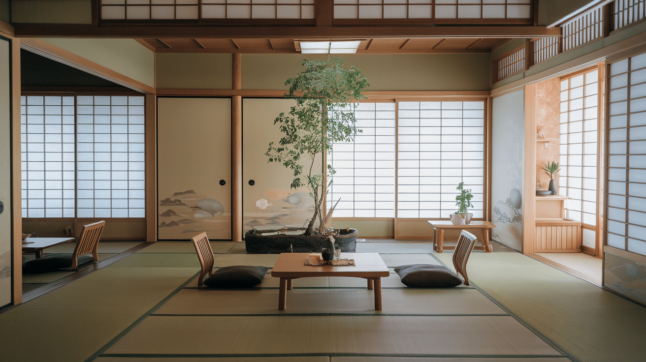japanese-inspired living room with low furniture, tatami mats, and large shoji windows.