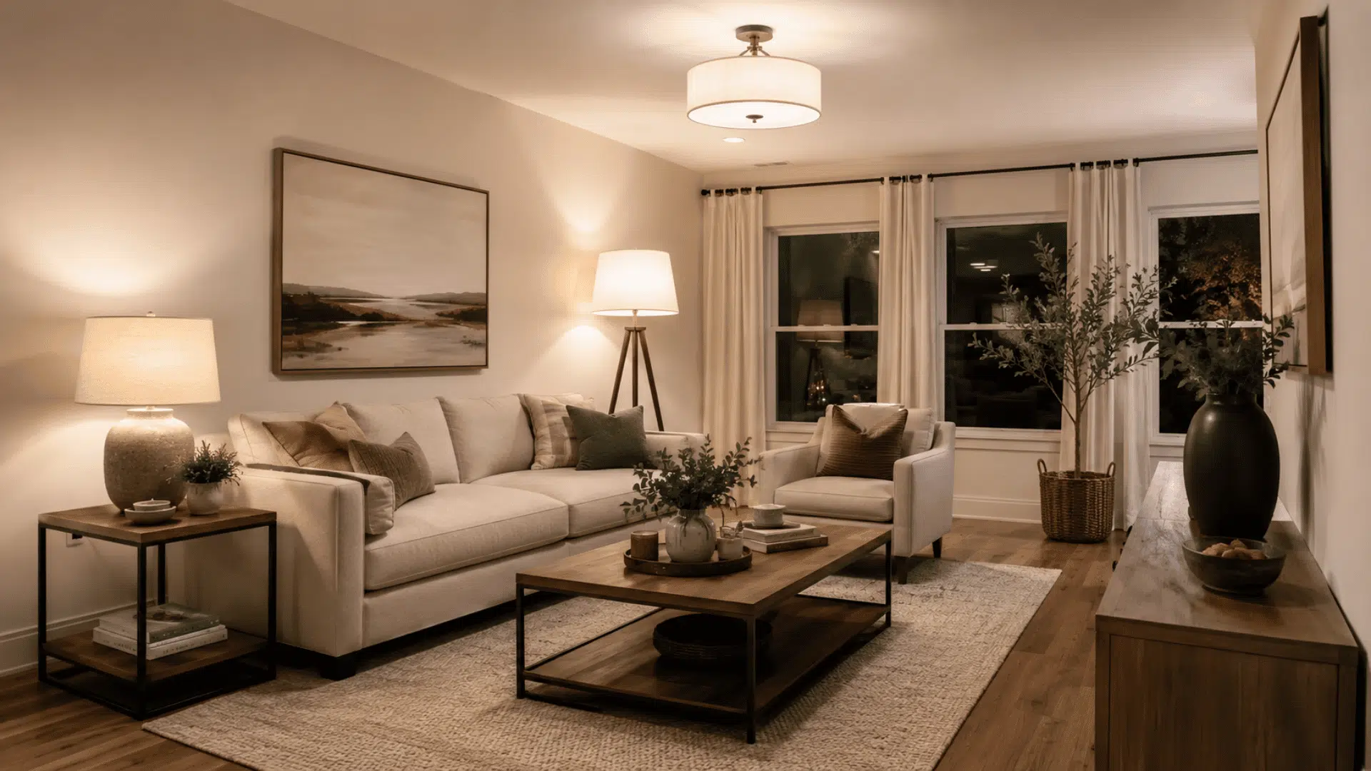 Living room lit with bright white 3200K lighting