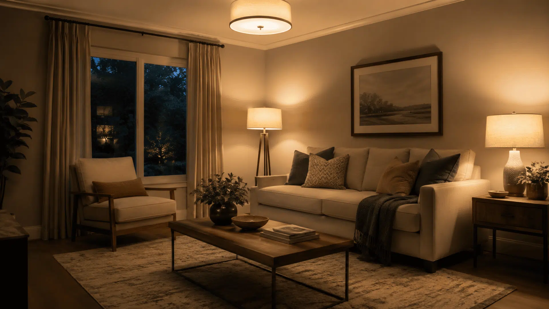 Living room lit with soft white warm lighting