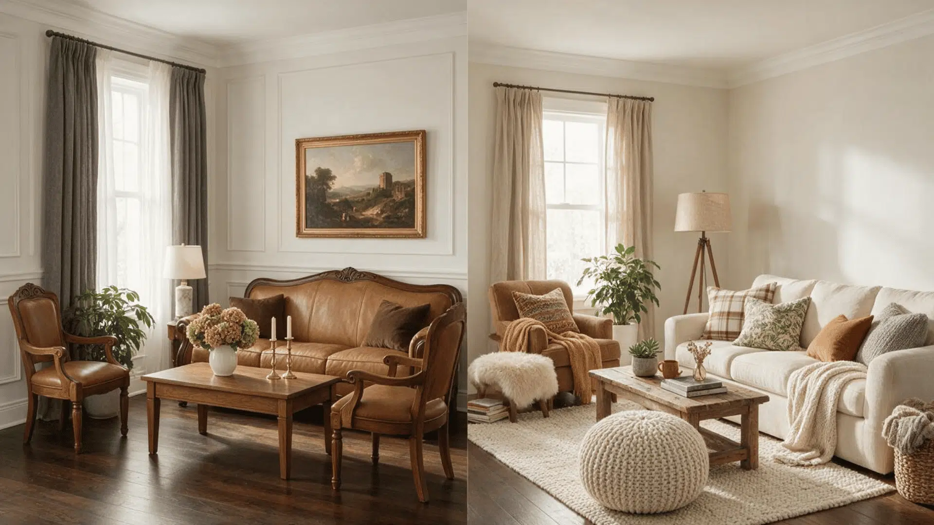 formal living room with classic furniture beside a casual family room with soft, cozy seating