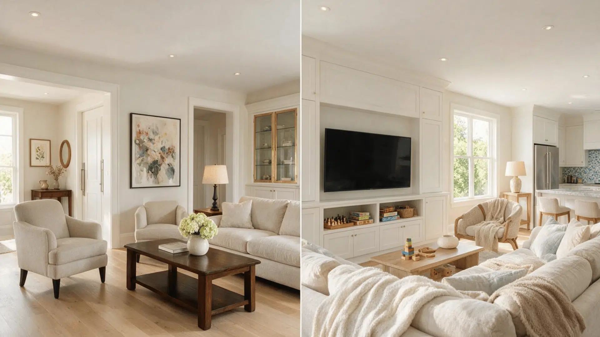 side by side comparison of a formal living room and a cozy family room