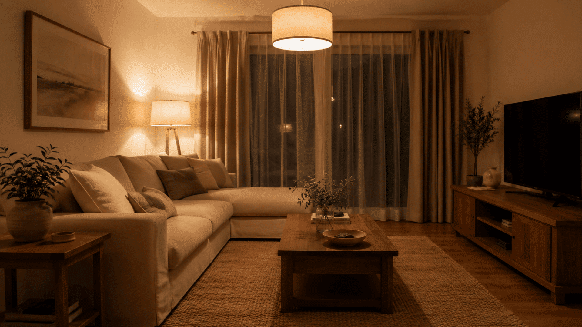 Living room lit with warm white 2800K lighting